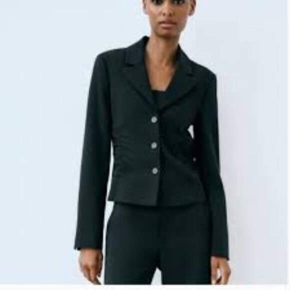Zara Wool Blend Ruched Blazer Jacket Forest Green MED - Picture 1 of 7